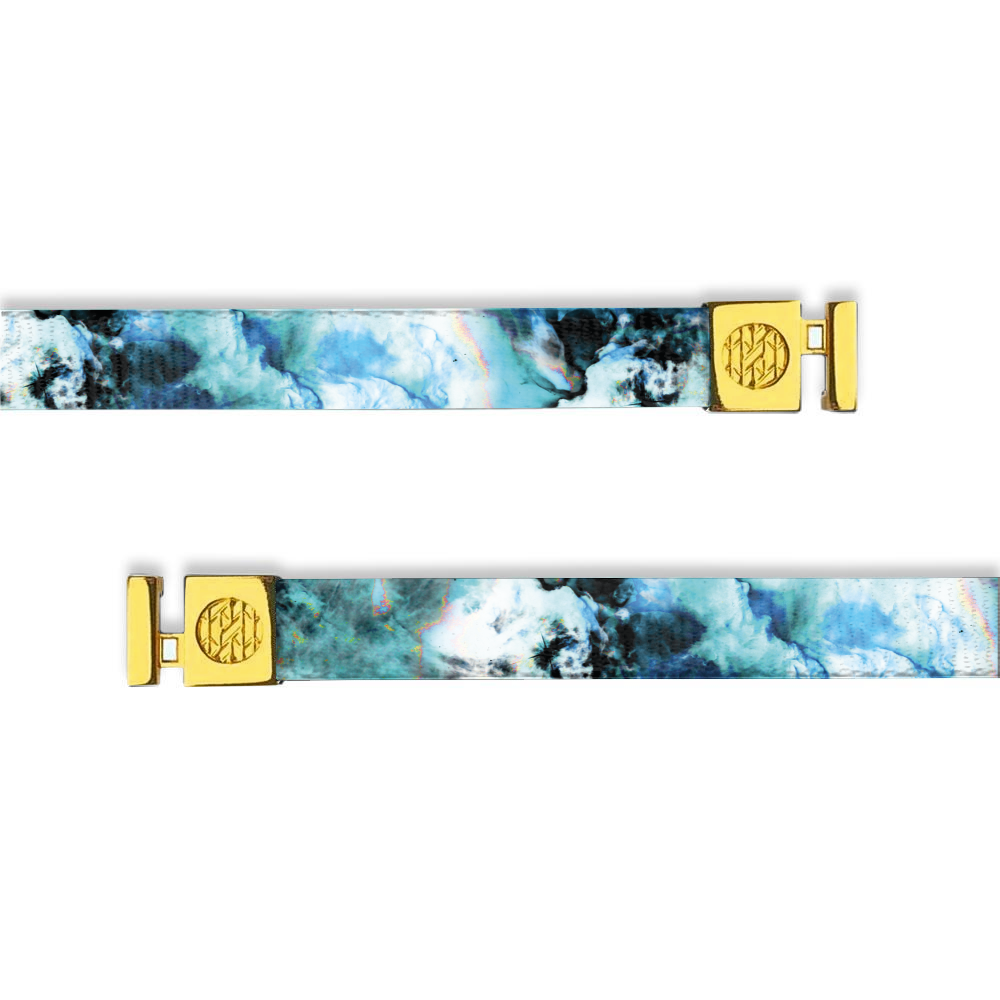 Flat hoodie string. Design is a marbled white and blue with varying colors like waves. Inside says "Focus on the Positive" and aglets are gold.