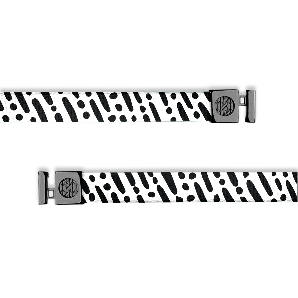 Flat hoodie string. Design is a white background with black dashes and dots going diagonal along the string. Inside reads "I Am With You Always" and the aglets are black.
