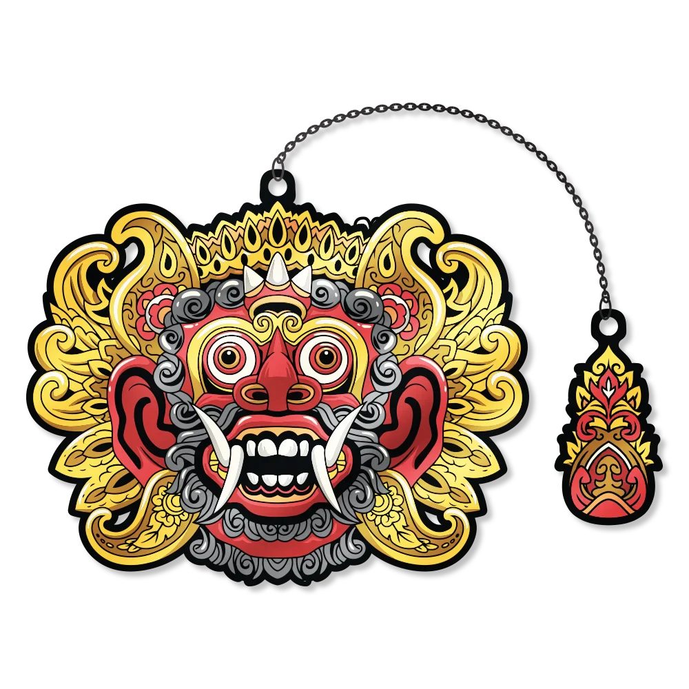 This is a copper bookmark. The design is a monkey with big fangs an ornate detailing around his head and ears.