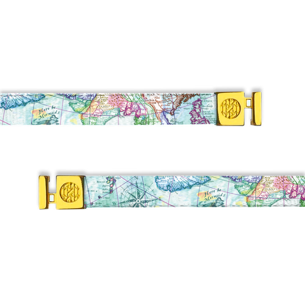 Flat hoodie string. Design is a world map with various colors and labels. Inside reads "Wanderlust" and the aglets are gold.