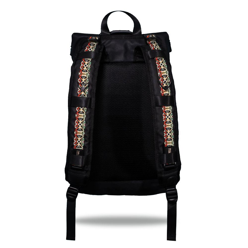 Product image show the back of an Imperial backpack with two should straps showing with interchangeable straps. The tension strap the item that is for sale on this page and is called Never Surrender and is a green, red and tan geometric design