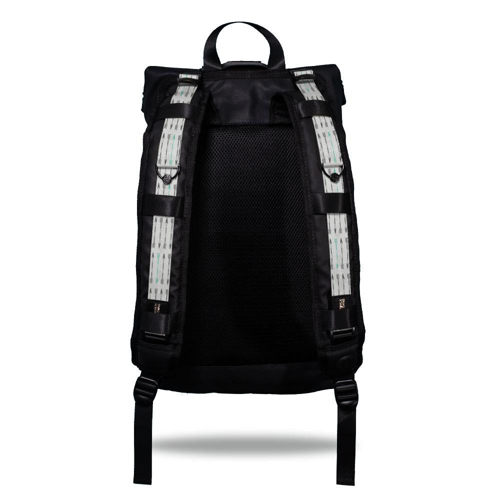 Product image show the back of an Imperial backpack with two should straps showing with interchangeable straps. The tension strap the item that is for sale on this page and is called Never Give Up and is a light grey, grey, geometric design with darker grey arrows with a green arrow every so often on the top of the design