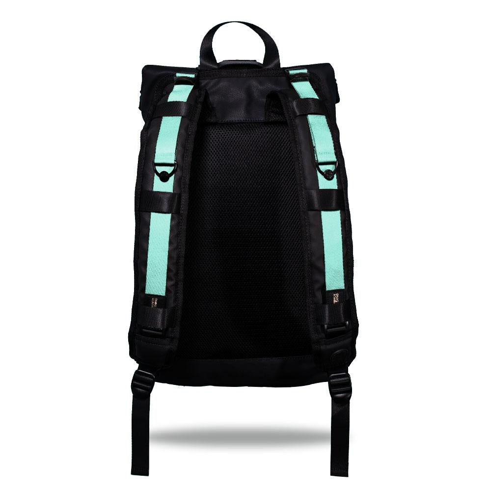 Product image show the back of an Imperial backpack with two should straps showing with interchangeable straps. The tension strap the item that is for sale on this page and is called Seafoam Green and is a solid light green with blue hues color