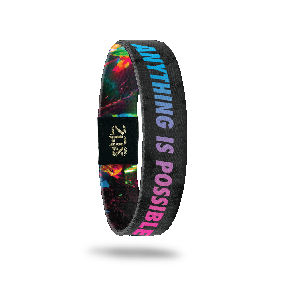 Inside Design of Anything is Possible: grey and black acrylic pour with blue to pink gradient bold text 'Anything is Possible'