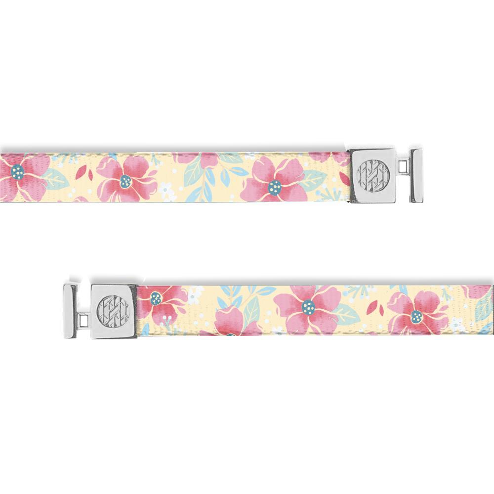 Flat hoodie string with a pale yellow background. HIghlighted with pink hibiscus flowers. Inside reads "I Choose Joy" and the aglets are silver.