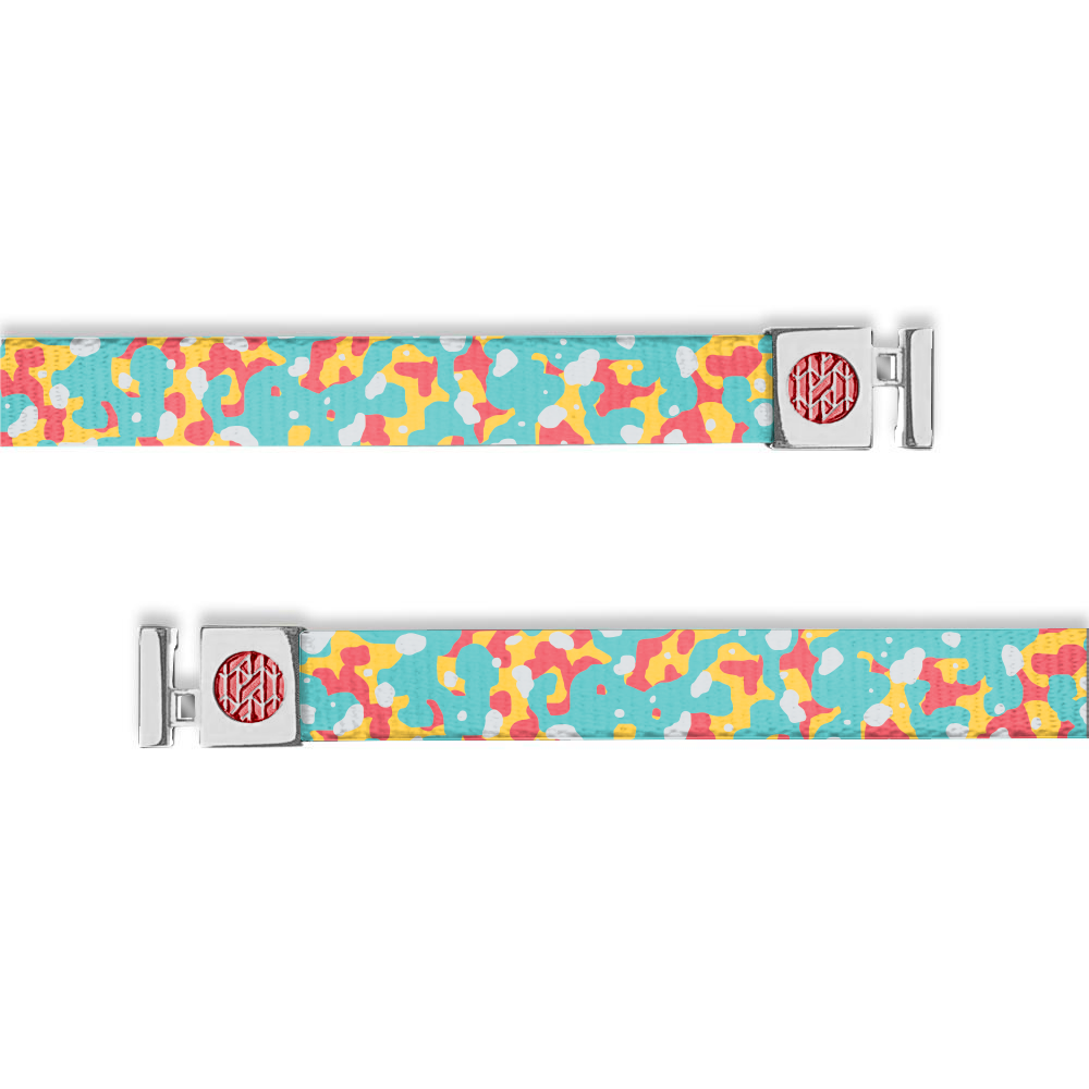 This is a hoodie string made for ZOX hoodies. The design is teal with red, yellow and white splatters all over. It has gunmetal aglets with a red ZOX logo.