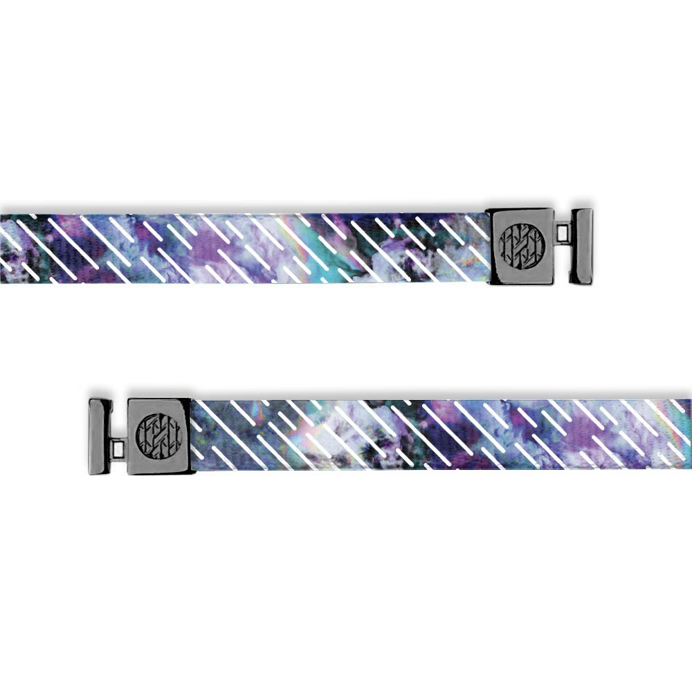 Flat hoodie string. Design is purple, blue and black galaxy/marbled effect with white dashes going diagonal on the string. Inside reads "I Am" and aglets are black.
