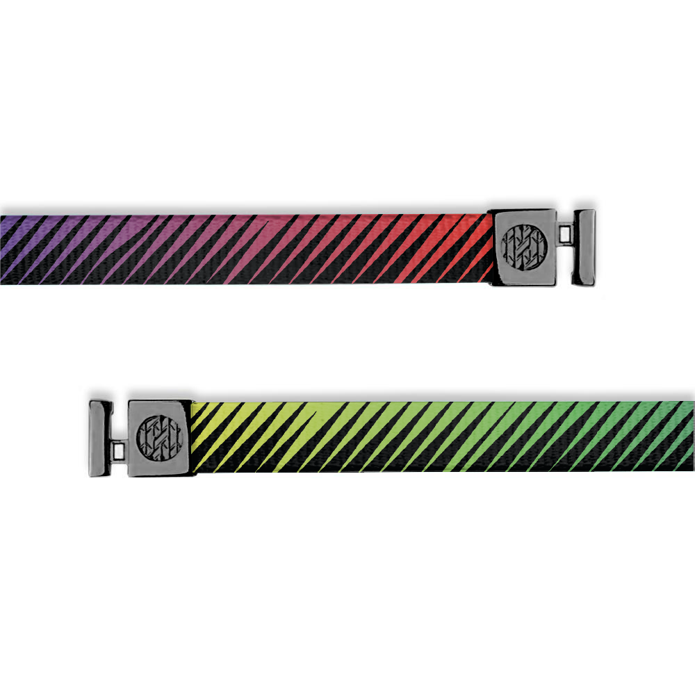 Flat hoodie string. Design is a gradient rainbow from one end to the other. One edge is black siz zag and the other is multicolored. Inside reads "Dare to Be Different" and aglets are black.