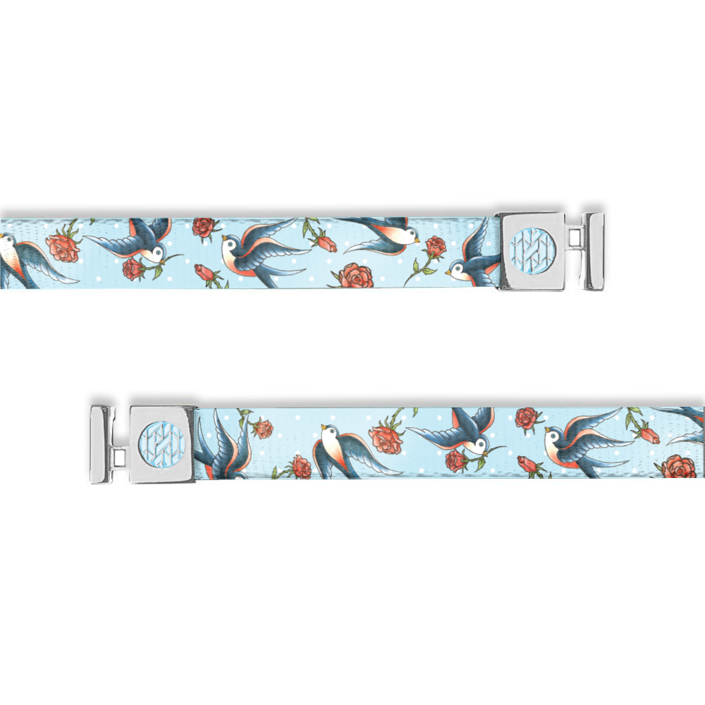 Hoodie string that is pale blue with blue and red birds and roses all over.