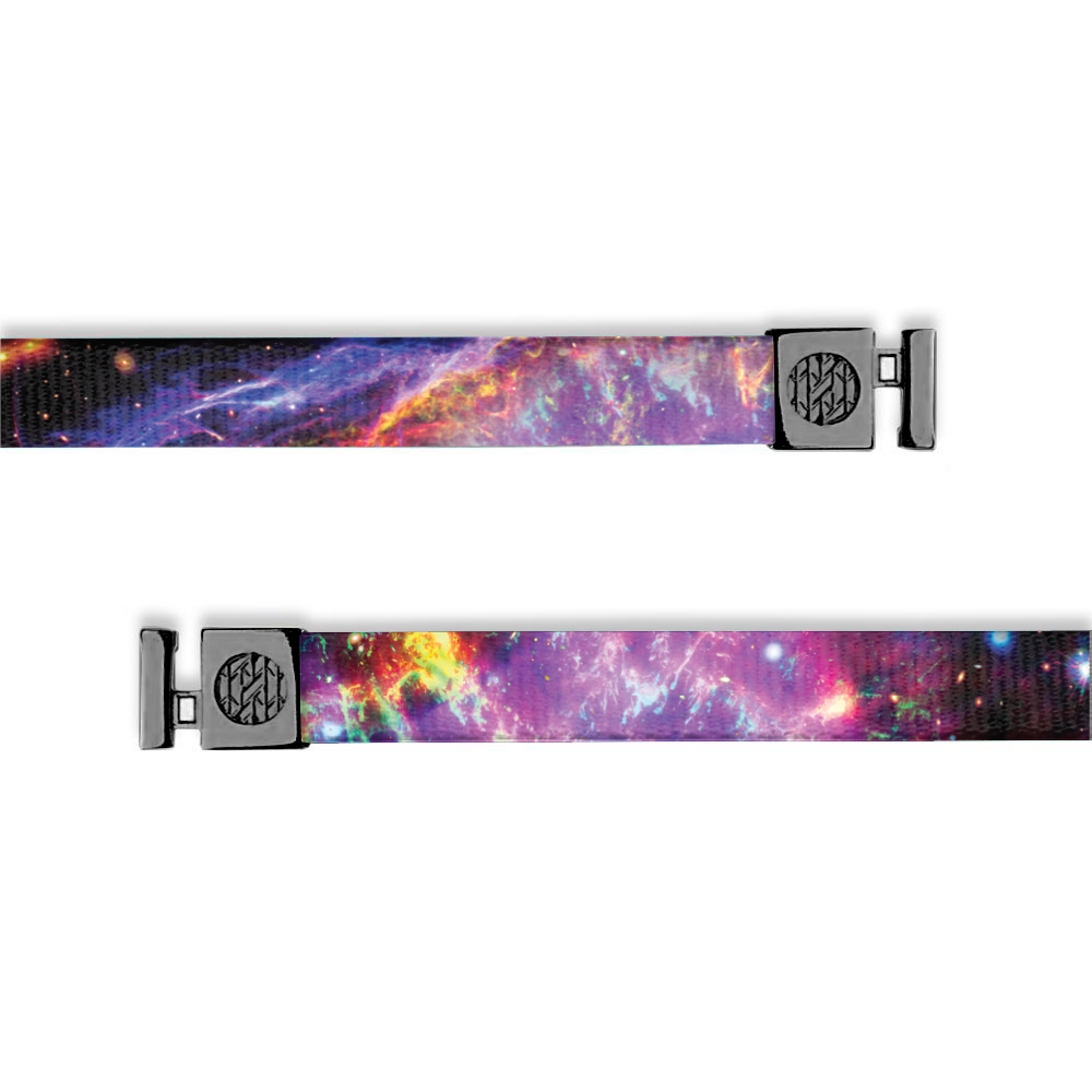 Flat hoodie string. The design is purple and black galaxy flare with stars. Inside reads "One Step At A Time" and the aglets are black.