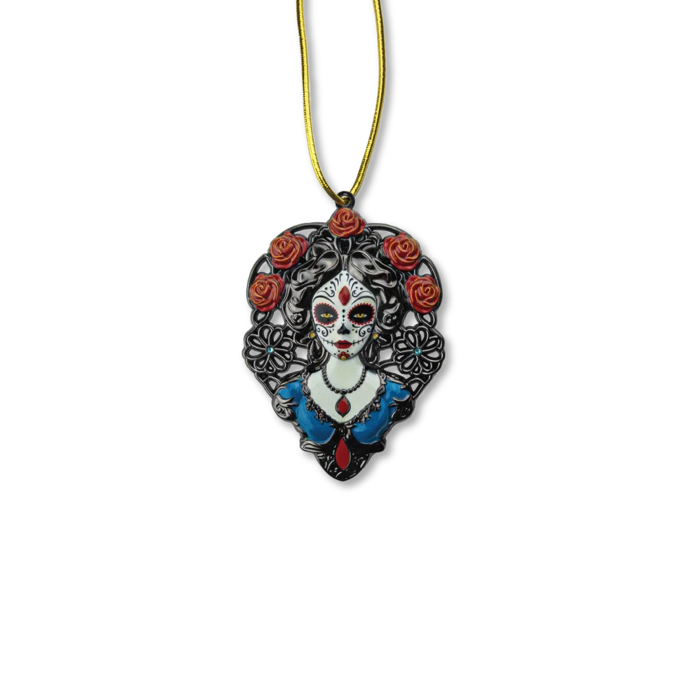 A decorative ornament featuring a stylized, black and white illustration of a female figure with floral accents and a red dress, against a gold-colored background.