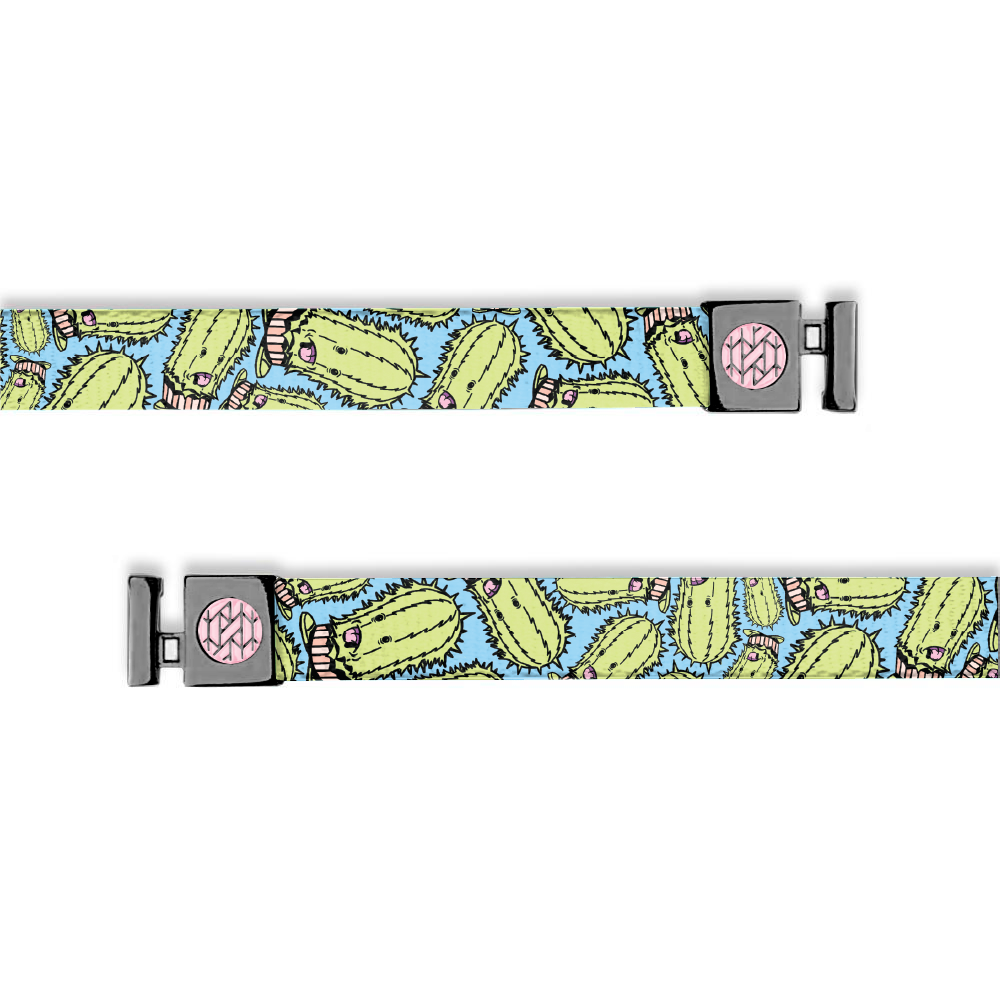Hoodie string that is light blue with green cacti all over. The cacti have scary monster faces. Has gunmetal aglets.