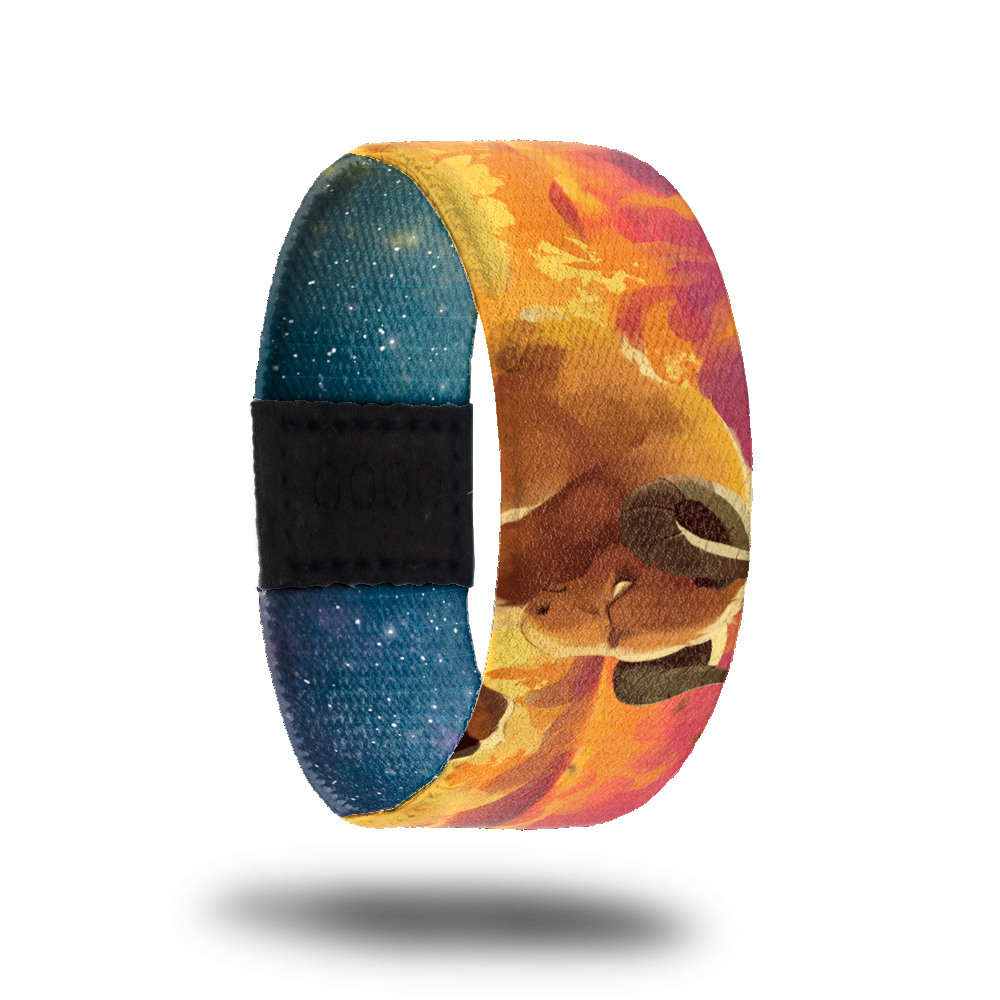 Aries-Sold Out-ZOX - This item is sold out and will not be restocked. Outside is orange and yellow flames and has a mountain goat on it. Inside is blue with white stars all over and says Aries. 
