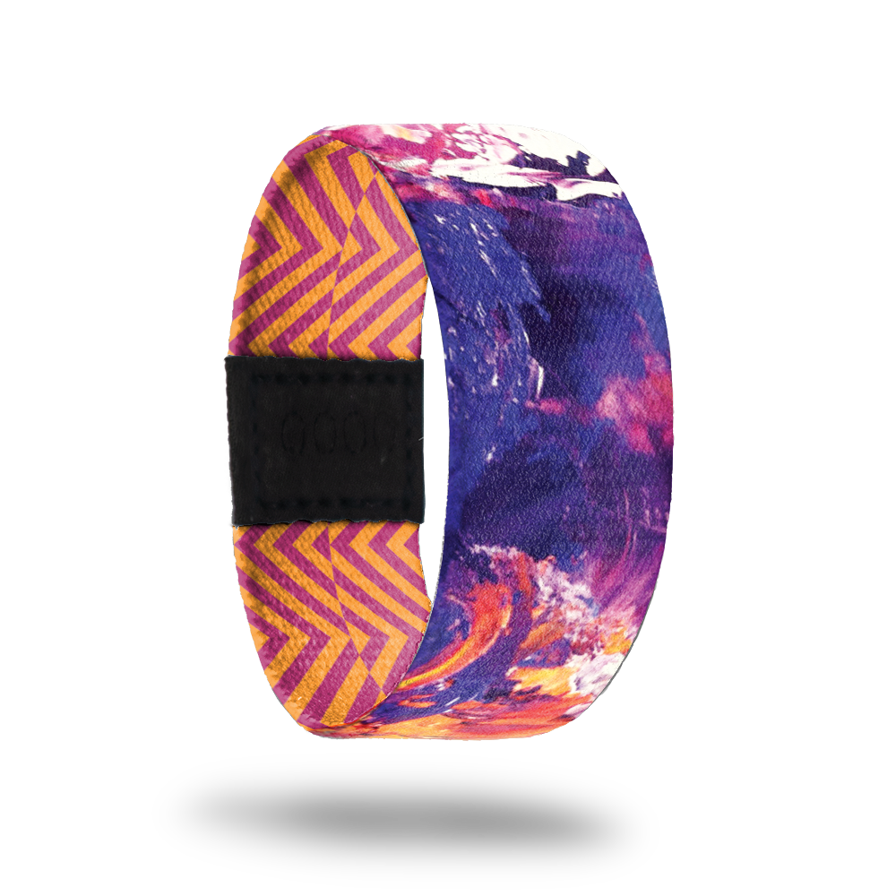 Aeipathy-Sold Out-ZOX - This item is sold out and will not be restocked. Blue, purple, pink and orange abstract design that looks like crashing waves. The inside is orange and pink zig zag stripes and says Aeipathy.