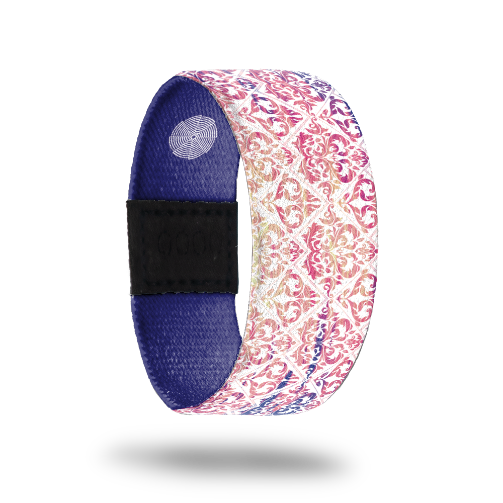 Alive-Sold Out-ZOX - This item is sold out and will not be restocked. Purple, pink, orange and white faded Damask. Inside is all purple and reads Alive. 