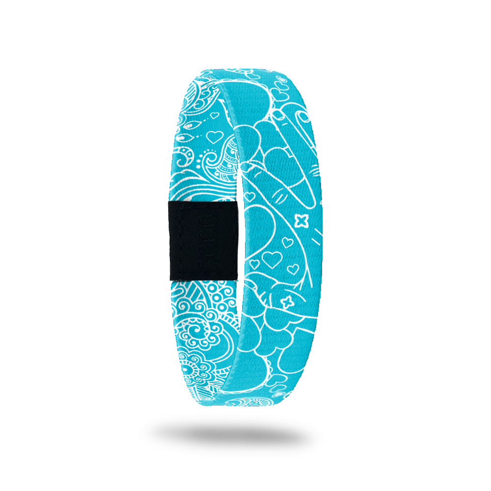 Bright sky blue with white line drawing of holding hands and hearts. The inside is the same and reads Always. Pair with the matching pink one that reads Forever. 