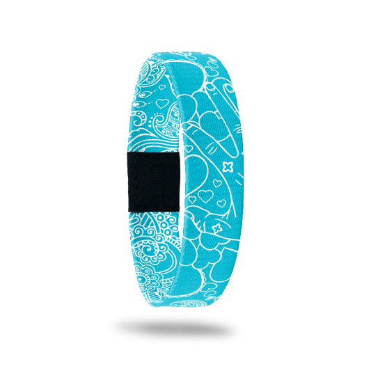 Bright sky blue with white line drawing of holding hands and hearts. The inside is the same and reads Always. Pair with the matching pink one that reads Forever. 