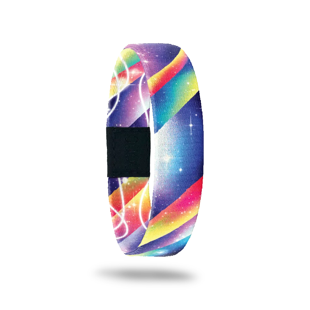 This is a wristband with purple, red, yellow and green gradient rays that go diagonally across the band. There are small white stars and the inside reads Among The Stars.This item is reversible and can be worn with the design or the message on the outside. 