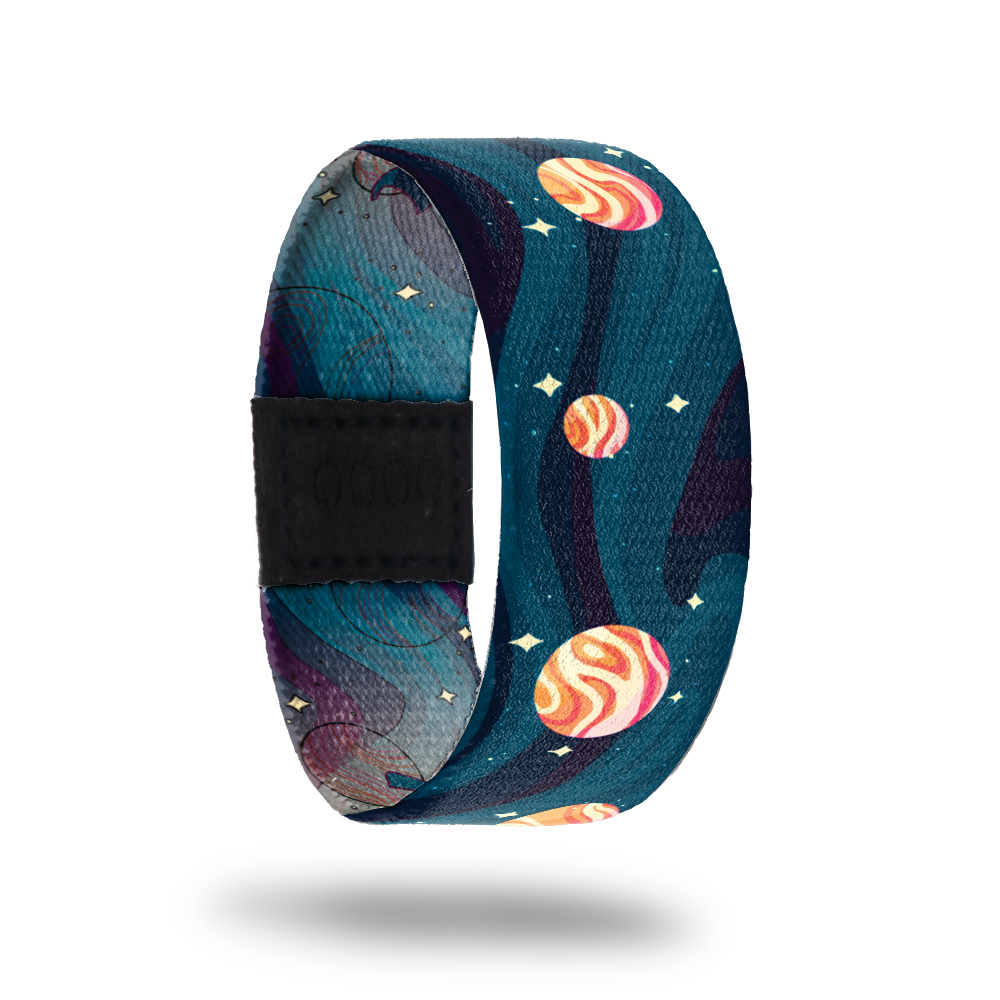 Aphelion-Sold Out-ZOX - This item is sold out and will not be restocked. Blue and dark teal swirls all over with orange and yellow planets that look like Jupiter. Inside is the same and says Aphelion. 