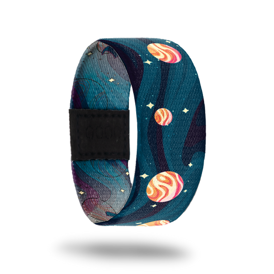 Aphelion-Sold Out-ZOX - This item is sold out and will not be restocked. Blue and dark teal swirls all over with orange and yellow planets that look like Jupiter. Inside is the same and says Aphelion. 