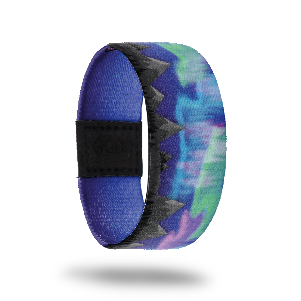Aurora-Sold Out-ZOX - This item is sold out and will not be restocked. Blue night sky with black mountains and the Northern Lights in various colors. Inside is solid blue and says Aurora. 