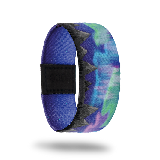 Aurora-Sold Out-ZOX - This item is sold out and will not be restocked. Blue night sky with black mountains and the Northern Lights in various colors. Inside is solid blue and says Aurora. 