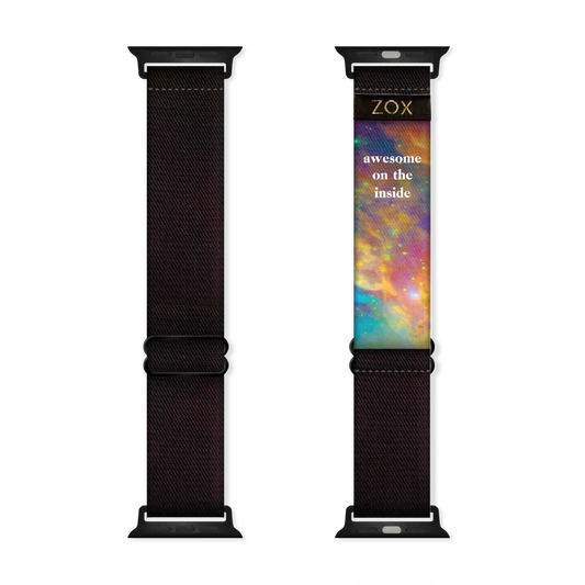 This is a watchband that is all black on the outside. The inside is half black and half multicolored space/galaxy themed.  Each watchband has a different pattern of colors and stars.  The inside also reads Awesome On The Inside. 