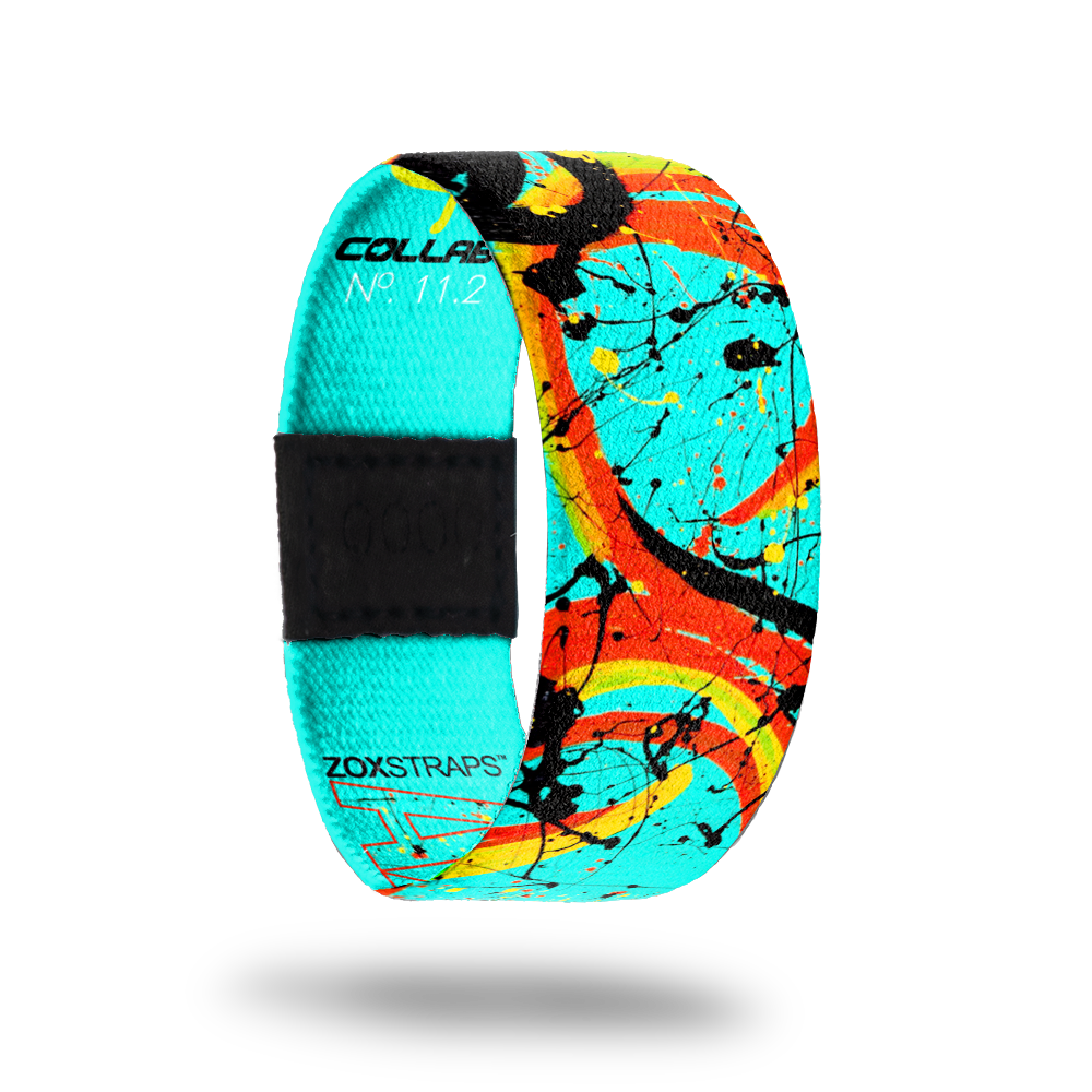 Axiom.-Sold Out-ZOX - This item is sold out and will not be restocked.  Outside Design Light blue with red and yellow paint splatters and black paint swipes shooting across the Strap. Inside Design Light blue with "Axiom" typography cutout from the painting on the front.