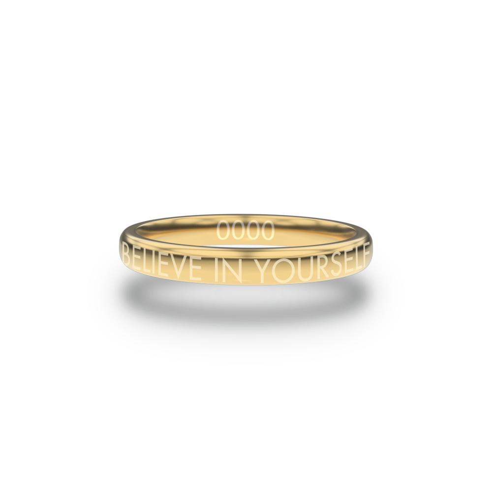 Front design of Believe In Yourself gold ring with sketched in text ‘Believe In Yourself’
