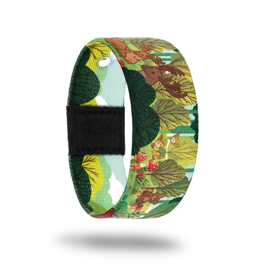 Deer, bears and birds all over the forest with green trees and mushrooms. Inside is the same but no animals and says Bend Don't Break. Comes with a matching lapel pin and collector's box. 