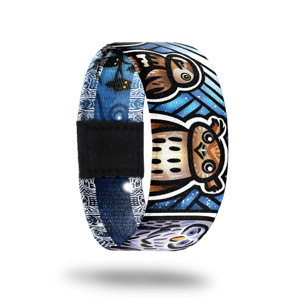 Bastion-Sold Out-ZOX - This item is sold out and will not be restocked. Blue sky with black diagonal lines all over. Brown and white owls all over. Inside is a solid blue with black silhouette of owls and glowing eyes and says Bastion. 