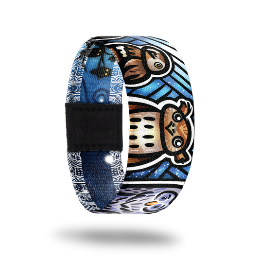 Bastion-Sold Out-ZOX - This item is sold out and will not be restocked. Blue sky with black diagonal lines all over. Brown and white owls all over. Inside is a solid blue with black silhouette of owls and glowing eyes and says Bastion. 