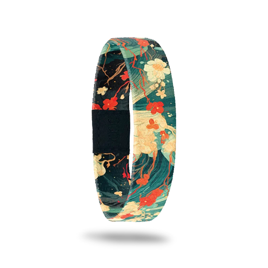 Dark teal and green waves crashing with red and white flowers on top. Inside is the same and reads Before You Know It. 