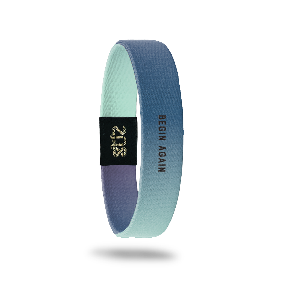 Product photo of inside design with begin again text dark blue to light blue gradient