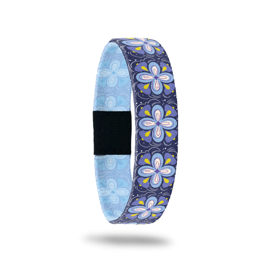 Dark blue single with purple and blue flowers all over and yellow specs. Inside is pale blue and says Believe In You Like I Do. 