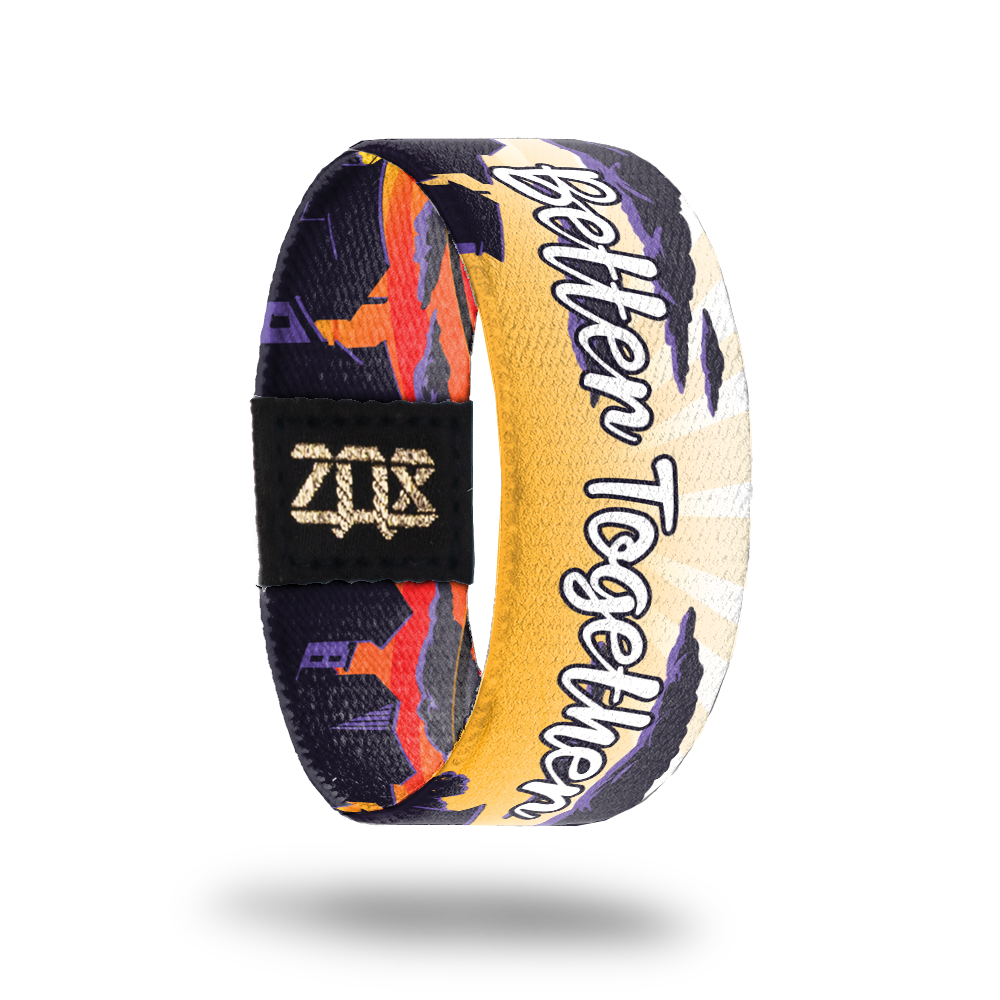 Inside design for Better Together. Yellow sun setting with an subtly blended orange background and grey clouds with Better Together centered in white text