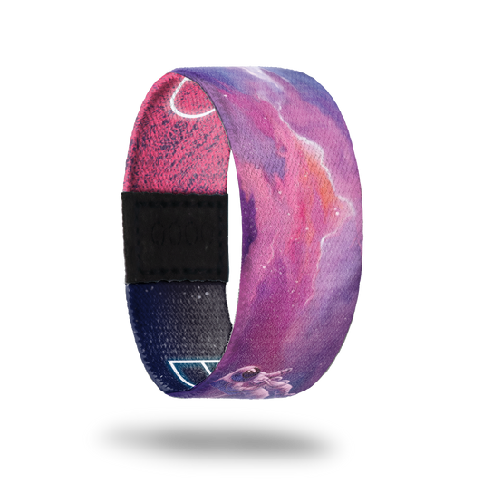 Beyond The Stars-Sold Out-ZOX - This item is sold out and will not be restocked. Pink and purple space sky with small astronaut flying through. Inside is the same and reads BEYOND in glowing letters. 