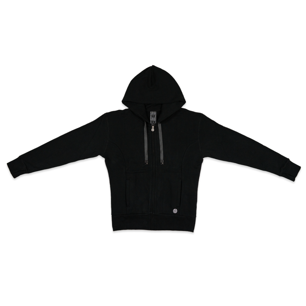Imperial zip up hoodie. All black with a kangaroo pocket and a silver/metal zipper. The hoodie comes with an all black string that can be changed out with any other ZOX hoodie string. 