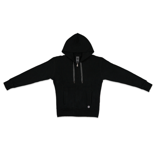 Imperial zip up hoodie. All black with a kangaroo pocket and a silver/metal zipper. The hoodie comes with an all black string that can be changed out with any other ZOX hoodie string. 