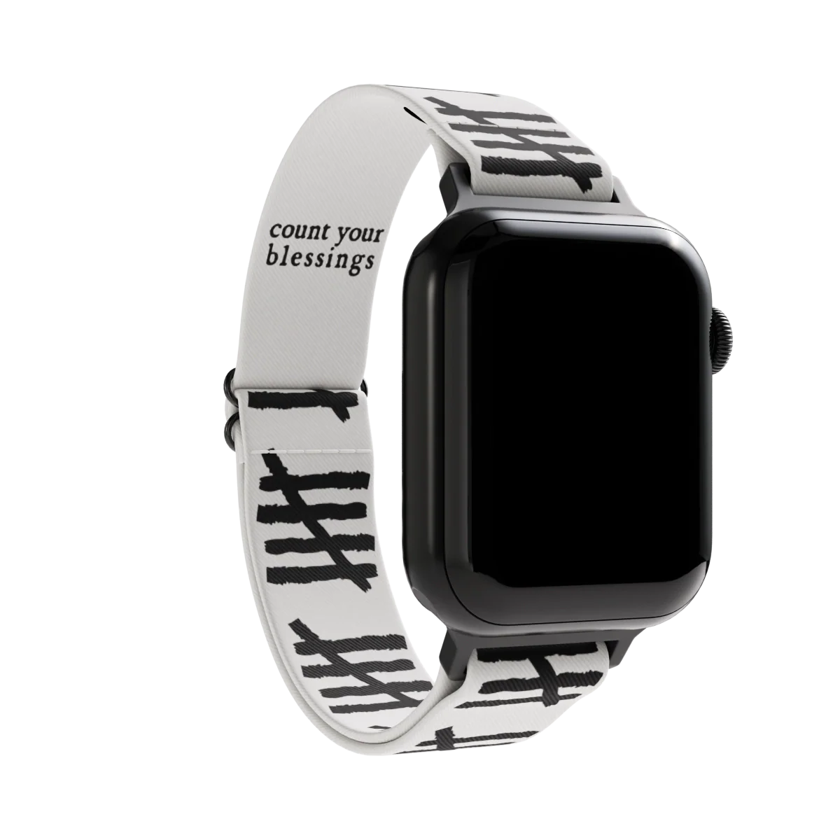 This is a watchband and not reversible. The base color is off-white/light grey. It has tally marks all down the sides of the bands. The inside is also light grey and says "count your blessings" in black text.