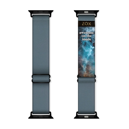 Plane dusty blue watchband with no design on the outside. Inside reads Awesome on the Inside but is not reversible. Check size guide for compatible watches. 