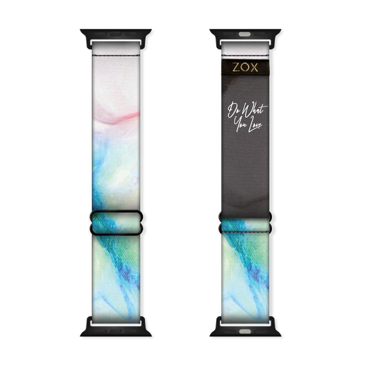 ZOX watchband with a marbled design. Mostly white with some light pink, teal and blue swirls. Inside is the same and says Do What You Love but is not reversible. Check the size guide for compatible watches. 