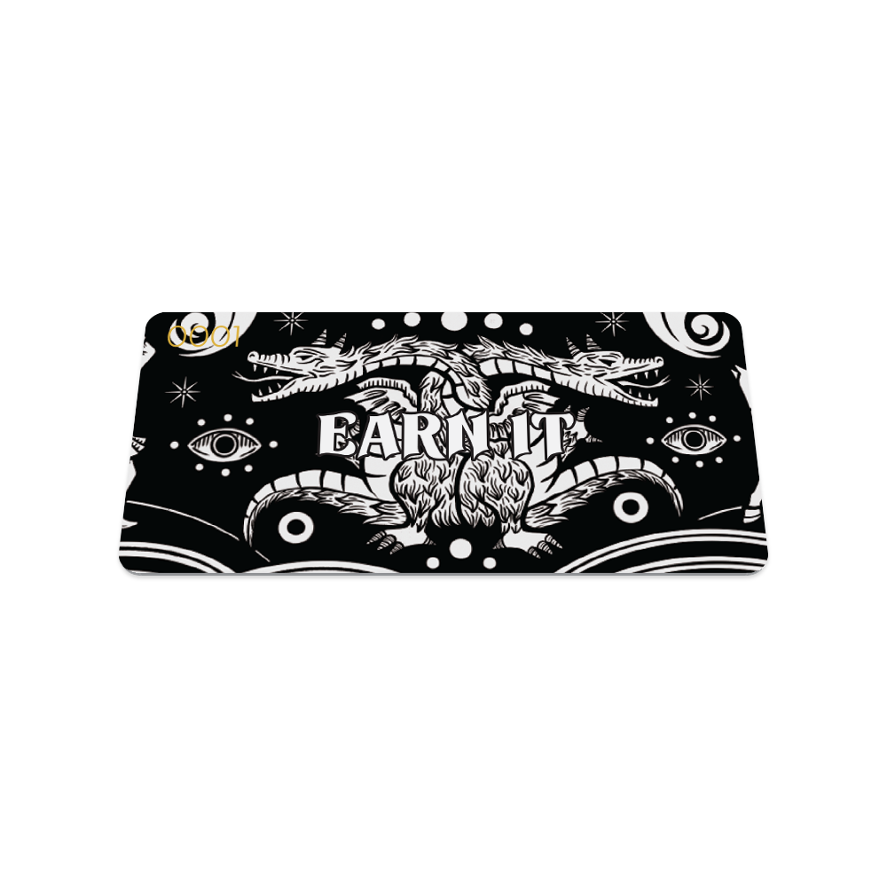 Front collector's card image of Earn It: black card with white design of two headed beast being slayed by knights