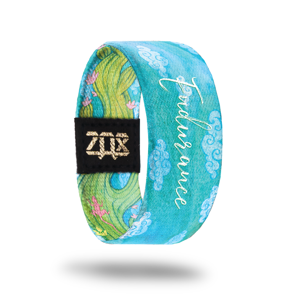 Inside Design of of Endurance: light blue sky background with white cursive text ‘Endurance’
