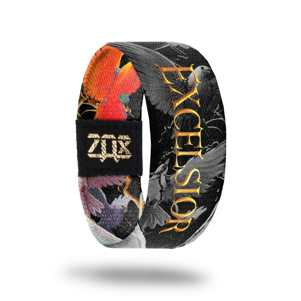 Inside Design of of Excelsior: black background with grey birds and branches with gold text ‘Excelsior’ in the middle