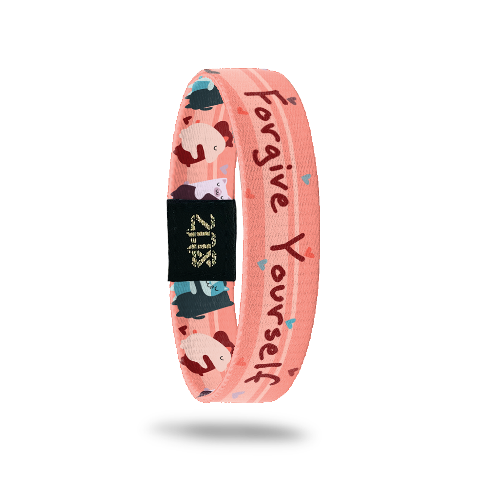 Inside Design of Forgive Yourself: pink background with blue, red, and purple hearts with red text ‘Forgive Yourself’