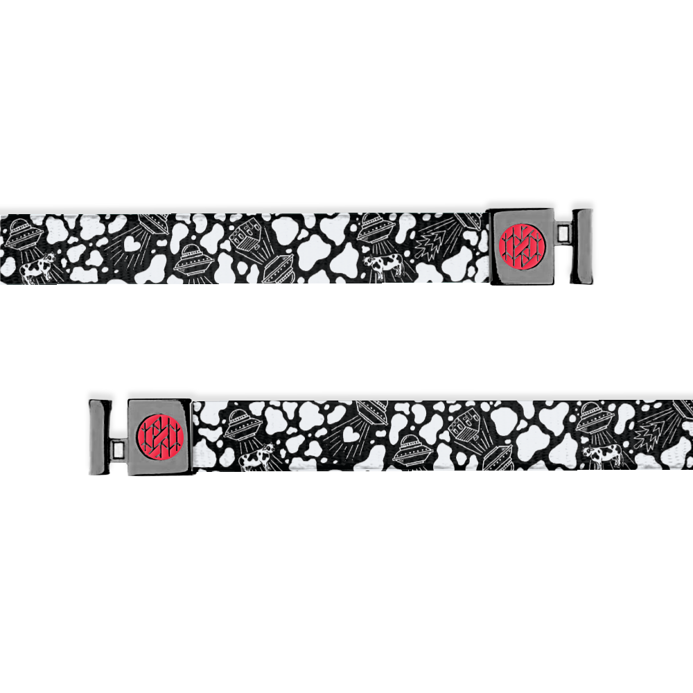 ZOX hoodie string with a black and white design. Black base with puffy white clouds and in between the clouds are alien ships beaming up cows and houses. 