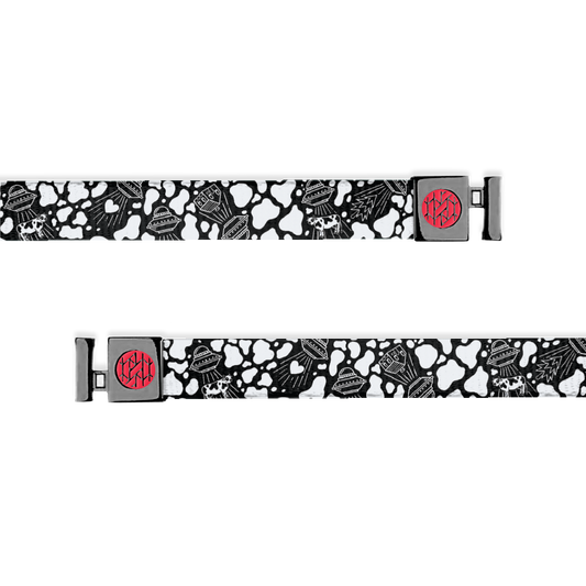 ZOX hoodie string with a black and white design. Black base with puffy white clouds and in between the clouds are alien ships beaming up cows and houses. 