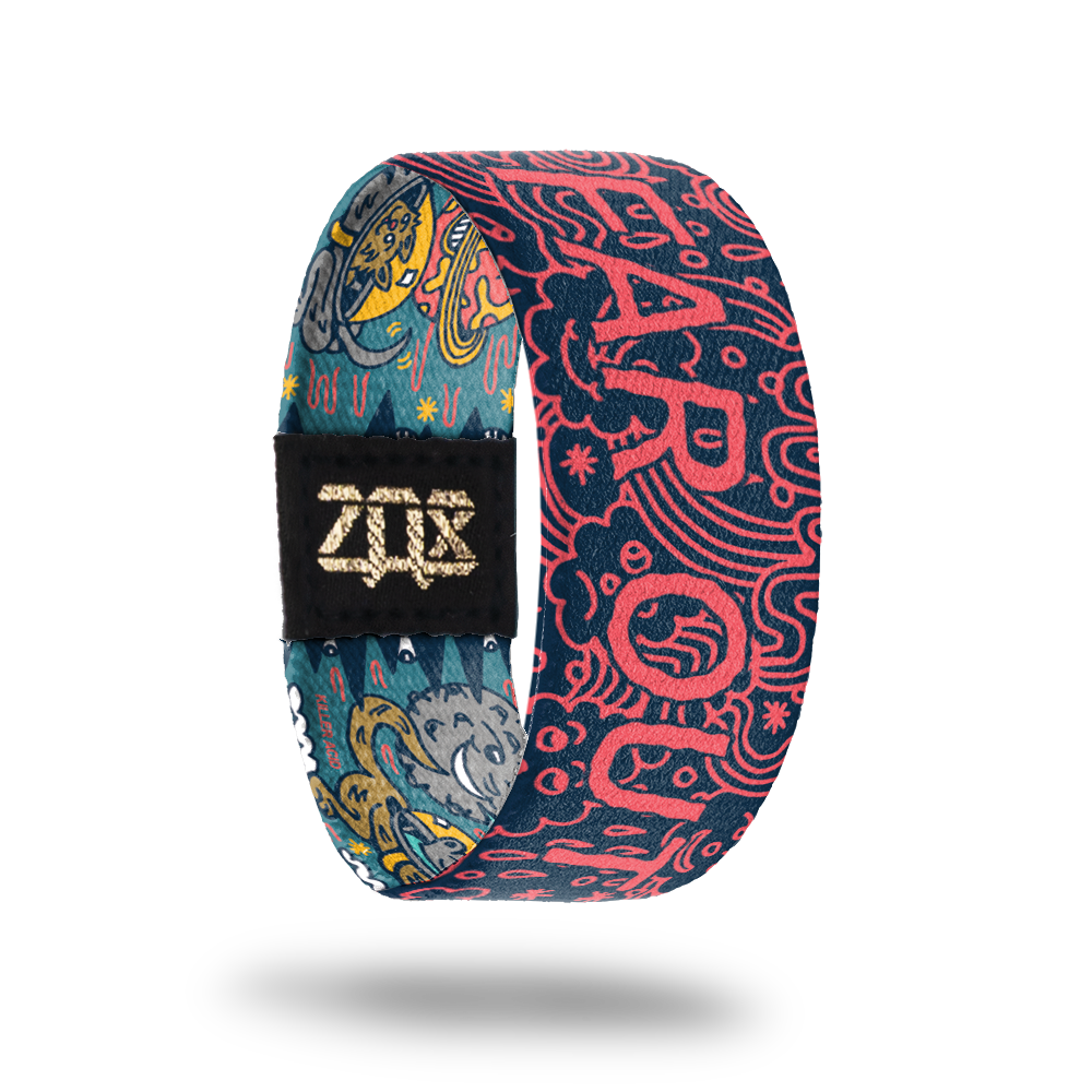 Inside design of Far Out. Dark blue background with illustrated clouds with faces and thin lines in a light pink. Centered is bold pink text is Far Out