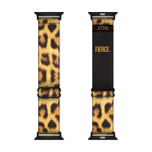 ZOX watchband with a cheetah print all over entire band. Inside reads Fierce. Check size guide for compatible watches. 